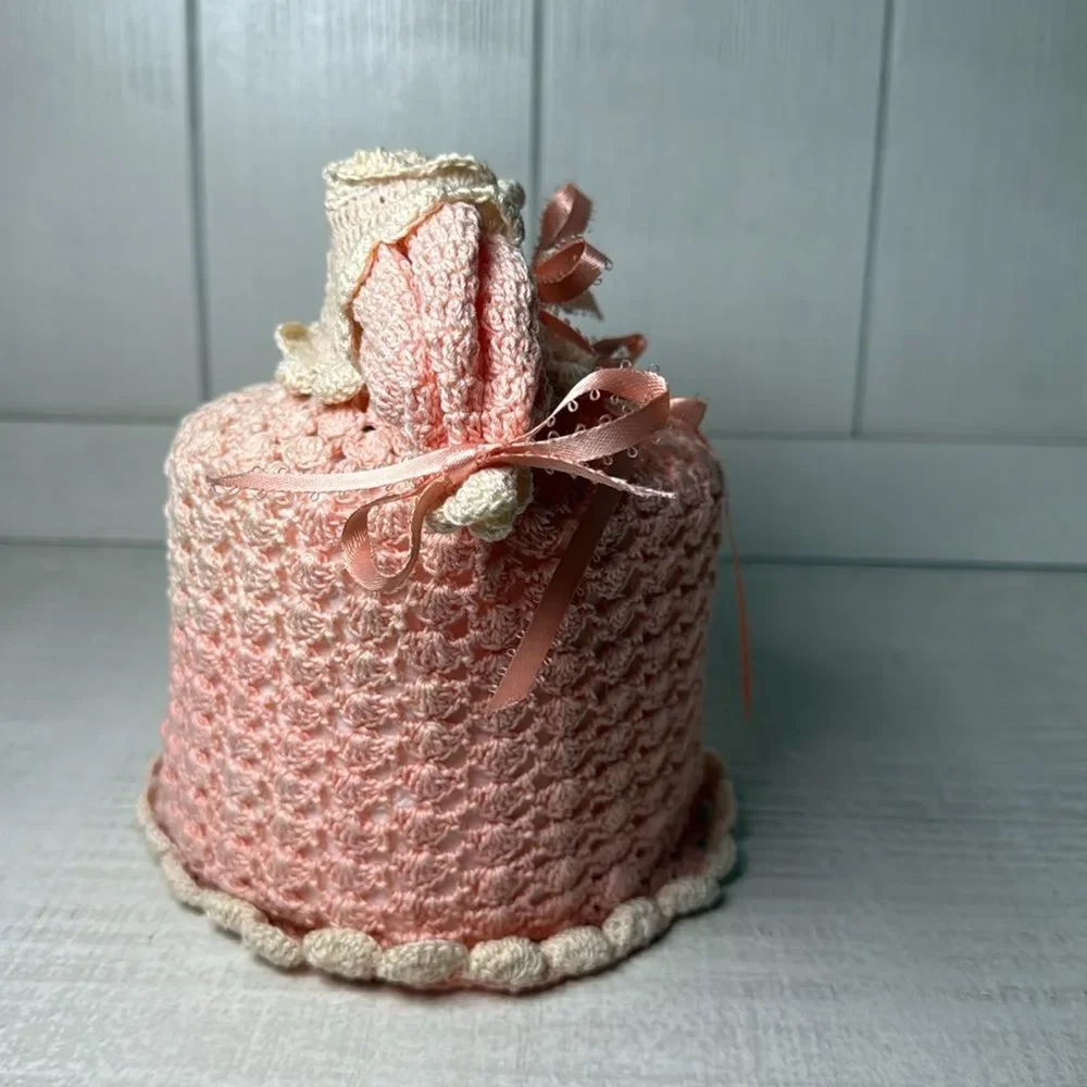 Toilet Paper Vintage Cover Doll Peach Crochet Grandma Cottage Victorian